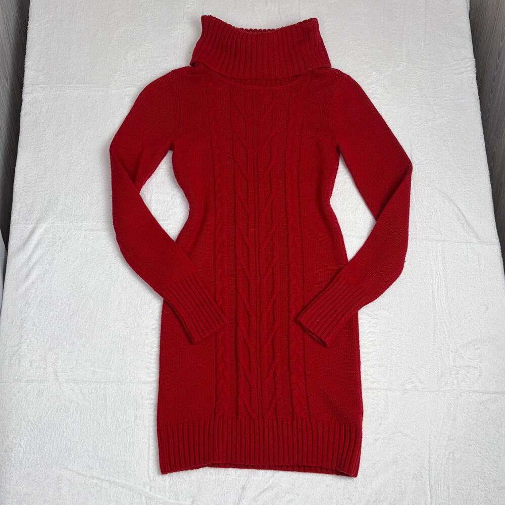 GUESS Cable-Knit Turtleneck Sweater Dress Women's M Red Parisian Holiday Party